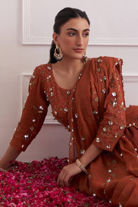 Shipraa Grover_Brown Chanderi, Tissue Zari, Sequins Scoop Gul Zardozi Embroidered Sharara Set _at_Aza_Fashions