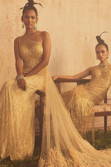 Shivani Awasty Beige Net Beads, Sequins One Shoulder Renne Gown With Trail Online at Aza Fashions Shivani Awasty_Beige Net Beads, Sequins One Shoulder Renne Gown With Trail _Online_at_Aza_Fashions