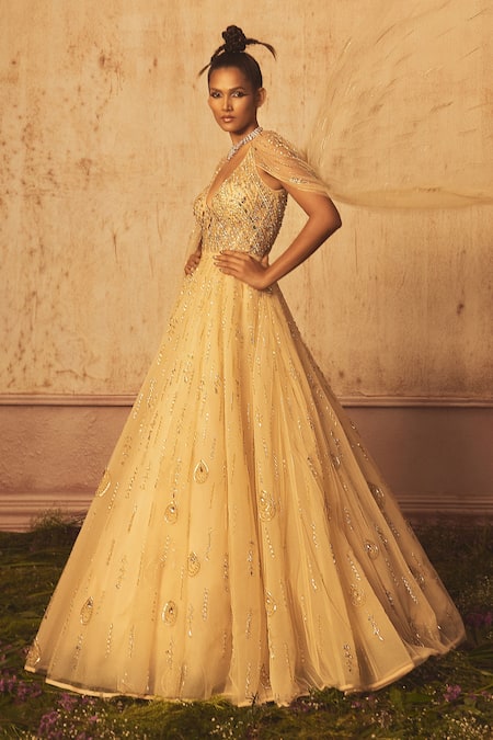 Golden Gold Embellished Ethnic Gown by Payal Keyal for rent online | FLYROBE