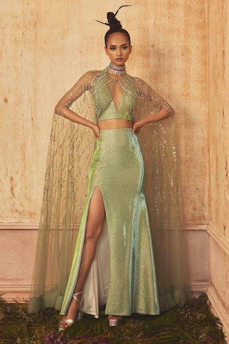 Shivani Awasty Green Polyester, Net Embroidery Plunge Neck Diamond Shine Skirt Set With Cape Online at Aza Fashions Shivani Awasty_Green Polyester, Net Embroidery Plunge Neck Diamond Shine Skirt Set With Cape _Online_at_Aza_Fashions