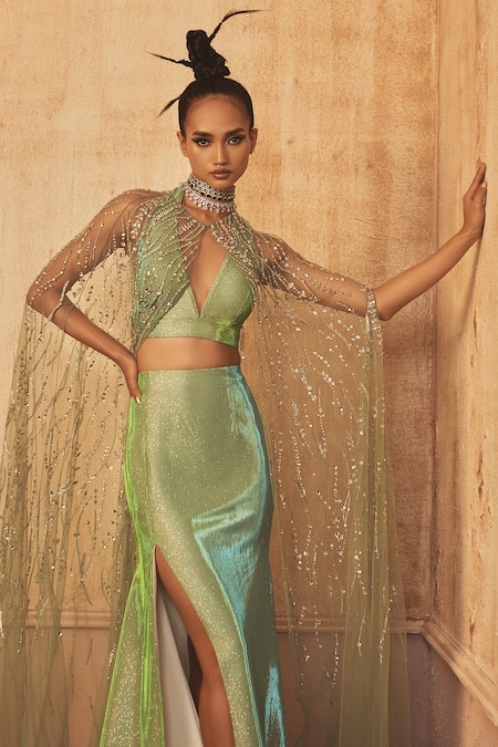 Buy Shivani Awasty Green Polyester, Net Embroidery Plunge Neck Diamond Shine Skirt Set With Cape Online at Aza Fashions Buy_Shivani Awasty_Green Polyester, Net Embroidery Plunge Neck Diamond Shine Skirt Set With Cape _Online_at_Aza_Fashions