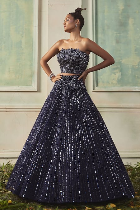 Buy Shivani Awasty Blue Net Cut Work, Mirrors Square Neck Cutdana Embroidered Bridal Lehenga Set Online at Aza Fashions Buy_Shivani Awasty_Blue Net Cut Work, Mirrors Square Neck Cutdana Embroidered Bridal Lehenga Set _Online_at_Aza_Fashions