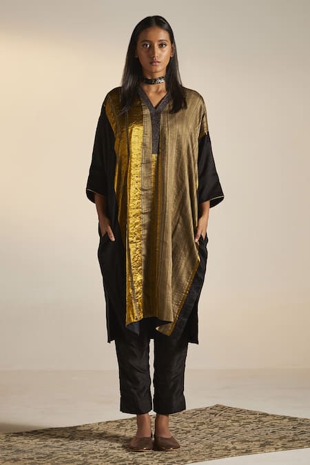 Shorshe Clothing_Black Cotton , Handwoven Pure Stripe V Pattern Kaftan Tunic And Pant Set _Online_at_Aza_Fashions