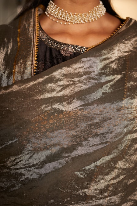 Shorshe Clothing_Silver Handloom Tissue Gota Patti, Paisley Hand Block Print Dupatta _Online_at_Aza_Fashions