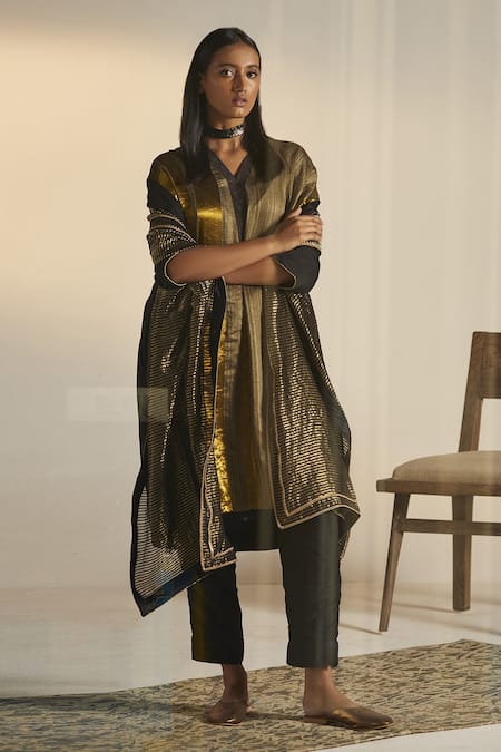 Shop_Shorshe Clothing_Black Cotton , Handwoven Pure Stripe V Pattern Kaftan Tunic And Pant Set _Online_at_Aza_Fashions