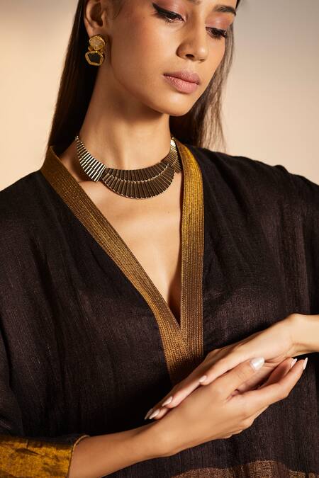 Buy Shorshe Clothing Gold Chanderi, Handwoven Pure Silk Plain V Neck Kaftan Tunic And Pant Set Online at Aza Fashions Buy_Shorshe Clothing_Gold Chanderi, Handwoven Pure Silk Plain V Neck Kaftan Tunic And Pant Set _Online_at_Aza_Fashions