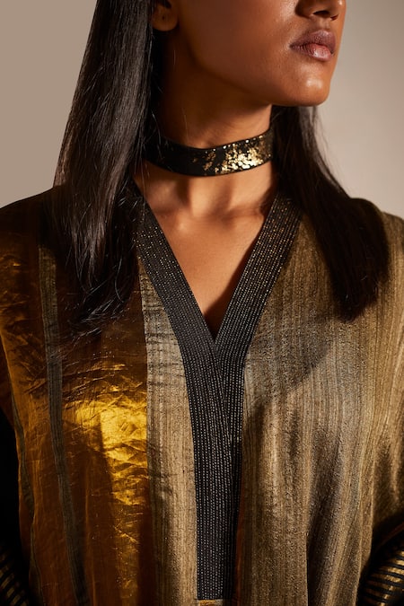 Shorshe Clothing_Black Cotton , Handwoven Pure Stripe V Pattern Kaftan Tunic And Pant Set _at_Aza_Fashions