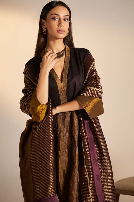 Shop Shorshe Clothing Gold Chanderi, Handwoven Pure Silk Plain V Neck Kaftan Tunic And Pant Set Online at Aza Fashions Shop_Shorshe Clothing_Gold Chanderi, Handwoven Pure Silk Plain V Neck Kaftan Tunic And Pant Set _Online_at_Aza_Fashions