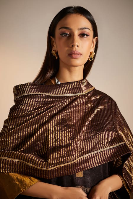 Shorshe Clothing Gold Chanderi, Handwoven Pure Silk Plain V Neck Kaftan Tunic And Pant Set at Aza Fashions Shorshe Clothing_Gold Chanderi, Handwoven Pure Silk Plain V Neck Kaftan Tunic And Pant Set _at_Aza_Fashions