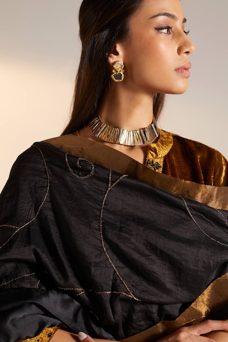 Shorshe Clothing_Black Handloom Silk Leaves Cutdana Embellished Dupatta_Online_at_Aza_Fashions