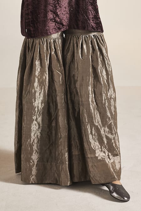 Buy_Shorshe Clothing_Purple Kurta Velvet, Sharara Handloom Tissue Saifi Placket Embroidered And Set _Online_at_Aza_Fashions