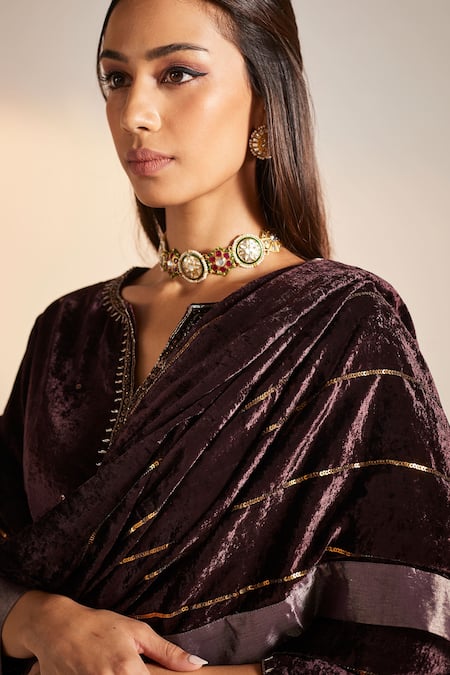 Shorshe Clothing_Purple Silk Velvet Stripe Hand Embroidered Dupatta _Online_at_Aza_Fashions