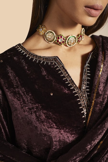 Shop_Shorshe Clothing_Purple Kurta Velvet, Sharara Handloom Tissue Saifi Placket Embroidered And Set _Online_at_Aza_Fashions