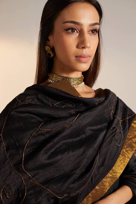 Shop_Shorshe Clothing_Black Handloom Silk Leaves Cutdana Embellished Dupatta_Online_at_Aza_Fashions
