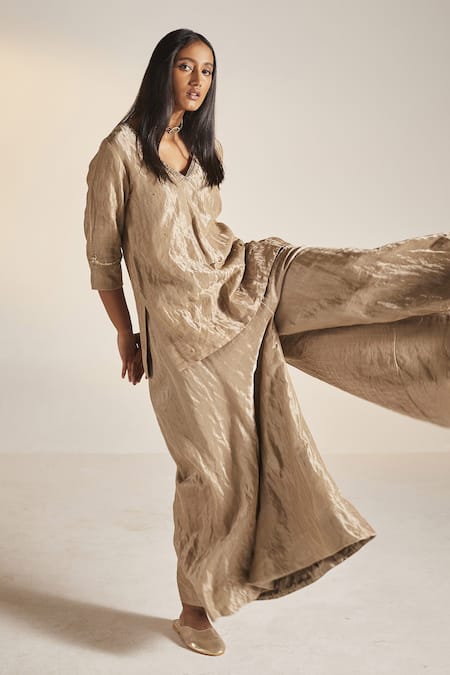 Shop_Shorshe Clothing_Grey Handloom Tissue V Neck Anu Kurta And Sharara Set _Online_at_Aza_Fashions