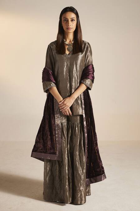 Shop_Shorshe Clothing_Purple Silk Velvet Stripe Hand Embroidered Dupatta _Online_at_Aza_Fashions