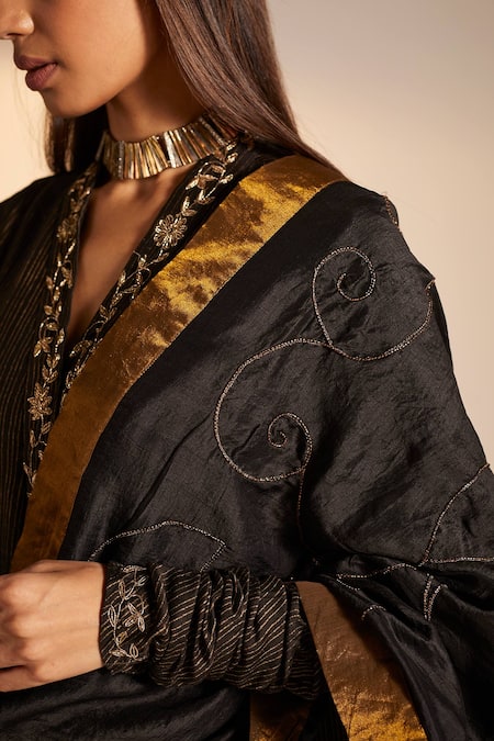 Shorshe Clothing_Black Handloom Silk Leaves Cutdana Embellished Dupatta_at_Aza_Fashions