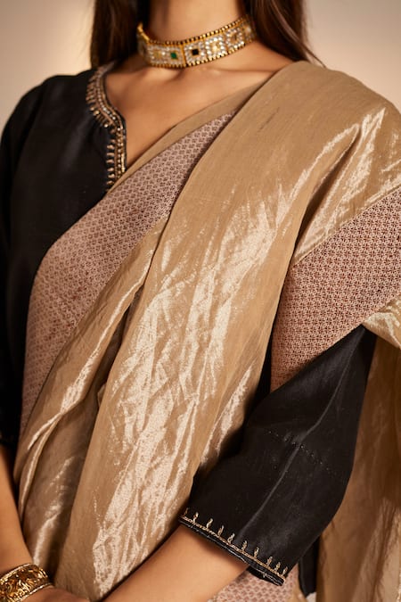 Buy_Shorshe Clothing_Black Chanderi Notched Saifi Blouse _Online_at_Aza_Fashions