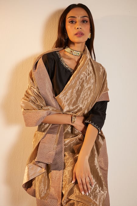 Shop_Shorshe Clothing_Grey Banarasi, Handloom Tissue Geometric Woven Saree_Online_at_Aza_Fashions