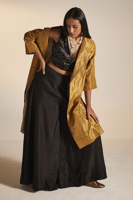 Shorshe Clothing_Gold Handloom Tissue Plain Notched Lapel Collar Sally Jacket _Online_at_Aza_Fashions