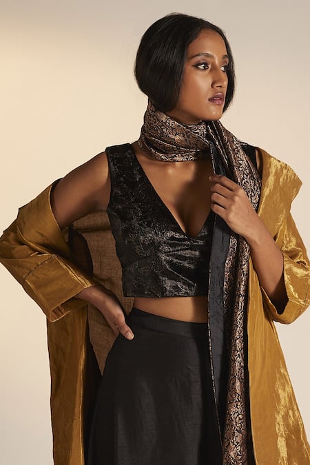 Shop_Shorshe Clothing_Gold Handloom Tissue Plain Notched Lapel Collar Sally Jacket _Online_at_Aza_Fashions