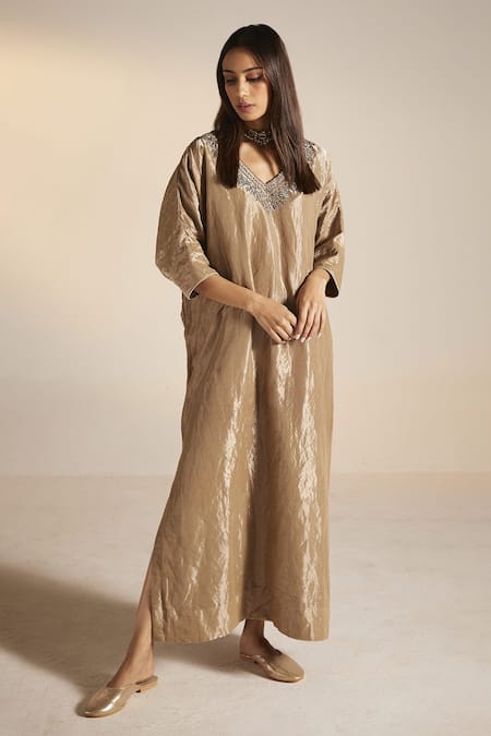 Buy_Shorshe Clothing_Grey Handloom Tissue Floral V Neck Noor Kaftan _Online_at_Aza_Fashions