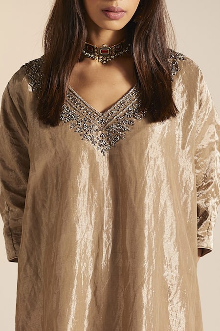 Shop_Shorshe Clothing_Grey Handloom Tissue Floral V Neck Noor Kaftan _Online_at_Aza_Fashions