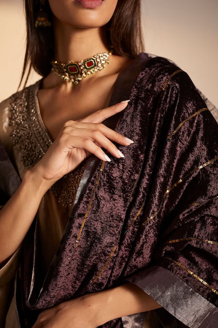 Shorshe Clothing_Purple Silk Velvet Stripe Hand Embroidered Dupatta _at_Aza_Fashions