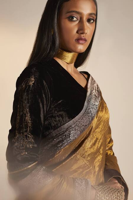 Shorshe Clothing_Black Silk Velvet Paisley V Neck Nina Print Blouse_Online_at_Aza_Fashions