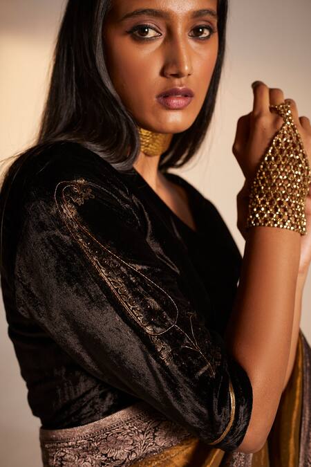 Shop_Shorshe Clothing_Black Silk Velvet Paisley V Neck Nina Print Blouse_Online_at_Aza_Fashions