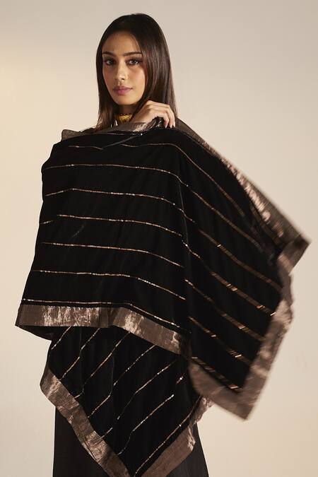Shop_Shorshe Clothing_Black Silk Velvet Stripe Sequin Embellished Dupatta _Online_at_Aza_Fashions