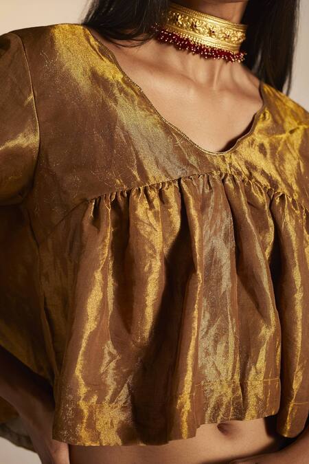Shorshe Clothing_Gold Handloom Tissue Plain V Neck Empireline Blouse _Online_at_Aza_Fashions