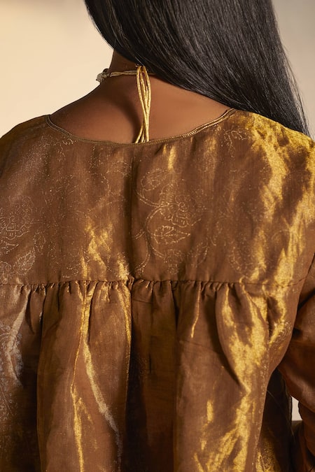 Shop_Shorshe Clothing_Gold Handloom Tissue Plain V Neck Empireline Blouse _Online_at_Aza_Fashions