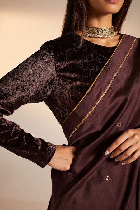 Shorshe Clothing_Purple Silk Velvet Floral Round Printed Blouse _Online_at_Aza_Fashions