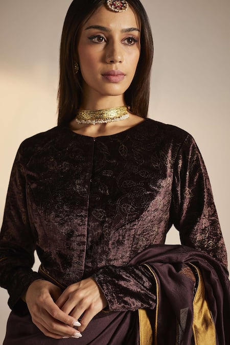 Buy_Shorshe Clothing_Purple Silk Velvet Floral Round Printed Blouse _Online_at_Aza_Fashions