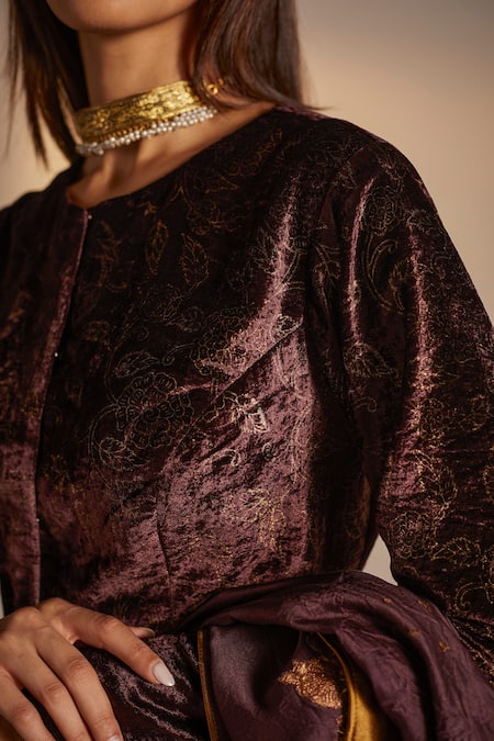 Shop_Shorshe Clothing_Purple Silk Velvet Floral Round Printed Blouse _Online_at_Aza_Fashions