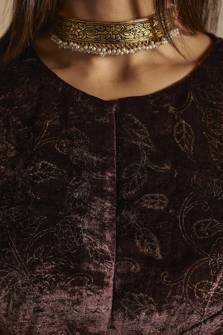 Shorshe Clothing_Purple Silk Velvet Floral Round Printed Blouse _at_Aza_Fashions