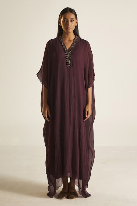 Shorshe Clothing_Purple Chiffon Floral V Neck Flared Sleeve Kaftan _Online_at_Aza_Fashions