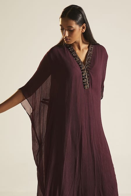 Buy_Shorshe Clothing_Purple Chiffon Floral V Neck Flared Sleeve Kaftan _Online_at_Aza_Fashions