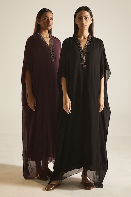 Shorshe Clothing Black Chiffon Floral V Neck Placket Embroidered Kaftan Online at Aza Fashions Shorshe Clothing_Black Chiffon Floral V Neck Placket Embroidered Kaftan _Online_at_Aza_Fashions