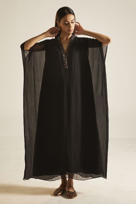 Buy Shorshe Clothing Black Chiffon Floral V Neck Placket Embroidered Kaftan Online at Aza Fashions Buy_Shorshe Clothing_Black Chiffon Floral V Neck Placket Embroidered Kaftan _Online_at_Aza_Fashions