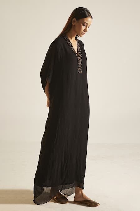 Shop Shorshe Clothing Black Chiffon Floral V Neck Placket Embroidered Kaftan Online at Aza Fashions Shop_Shorshe Clothing_Black Chiffon Floral V Neck Placket Embroidered Kaftan _Online_at_Aza_Fashions