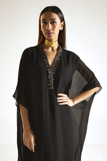 Shorshe Clothing Black Chiffon Floral V Neck Placket Embroidered Kaftan at Aza Fashions Shorshe Clothing_Black Chiffon Floral V Neck Placket Embroidered Kaftan _at_Aza_Fashions