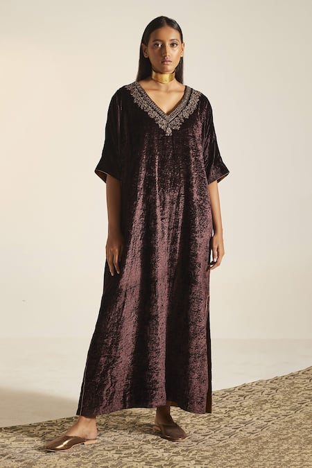 Shorshe Clothing_Purple Silk Velvet Floral V Neck Noor Kaftan _Online_at_Aza_Fashions