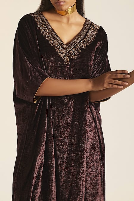 Shop_Shorshe Clothing_Purple Silk Velvet Floral V Neck Noor Kaftan _Online_at_Aza_Fashions
