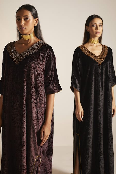 Shorshe Clothing_Black Silk Velvet Floral V Neck Noor Kaftan _Online_at_Aza_Fashions