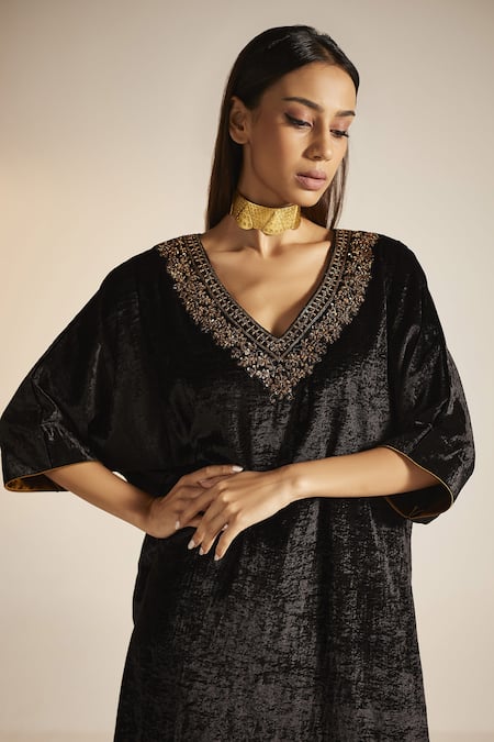 Shop_Shorshe Clothing_Black Silk Velvet Floral V Neck Noor Kaftan _Online_at_Aza_Fashions