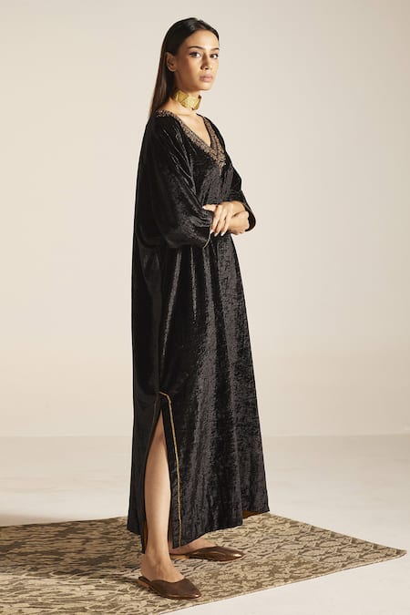 Shorshe Clothing_Black Silk Velvet Floral V Neck Noor Kaftan _at_Aza_Fashions
