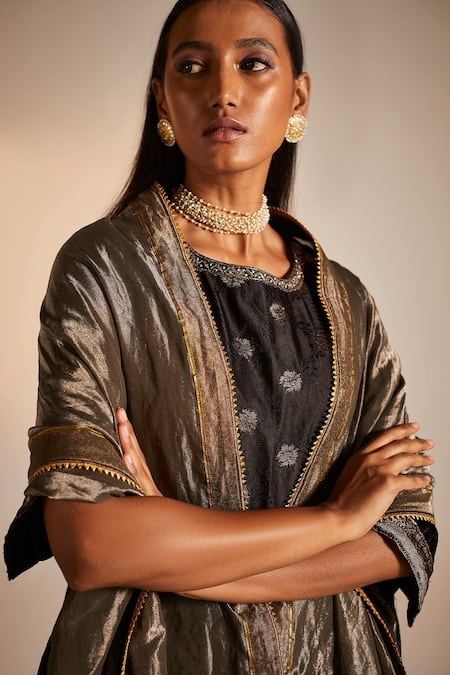 Shop_Shorshe Clothing_Silver Handloom Tissue Gota Patti, Paisley Hand Block Print Dupatta _Online_at_Aza_Fashions