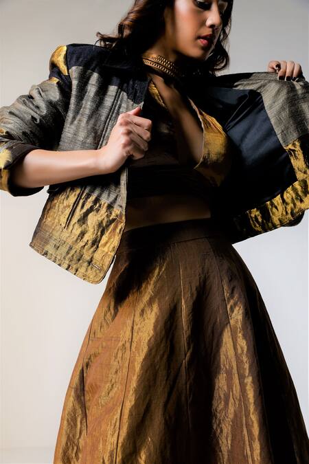 Shorshe Clothing_Black Handloom Cotton Collared Mj Handwoven Silk Jacket _Online_at_Aza_Fashions